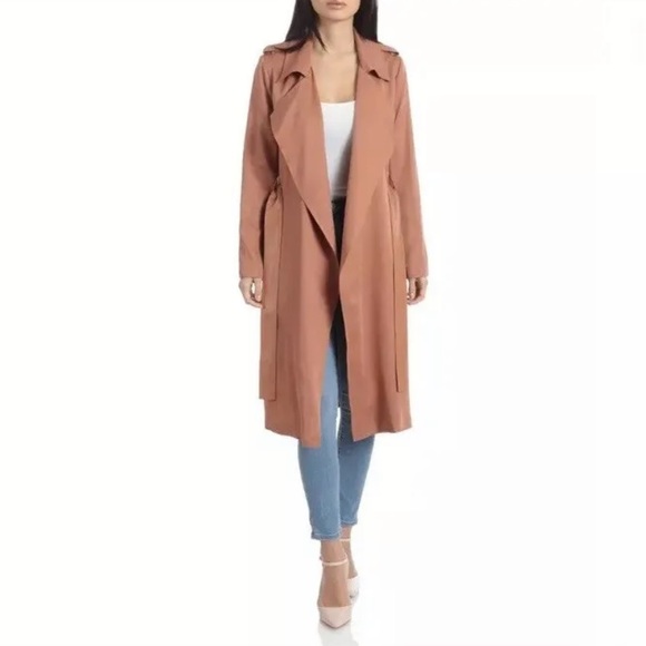 Badgley Mischka Faux Leather Trim Cedar Color Long Trench Coat - Duplicate - Picture 2 of 16
